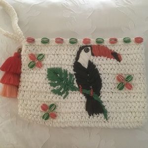 Embroidered Toucan clutch with shells NWT
